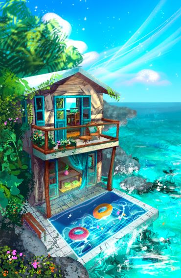 Beautiful artwork of condo against the ocean.